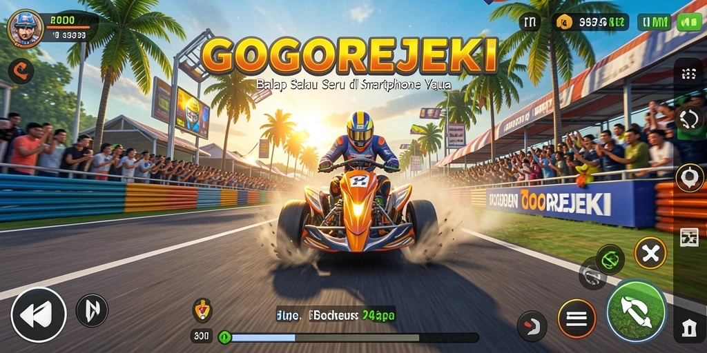 Tampilan aksi balap mendebarkan di GOGOREJEKI, penuh dengan mobil berkecepatan tinggi.