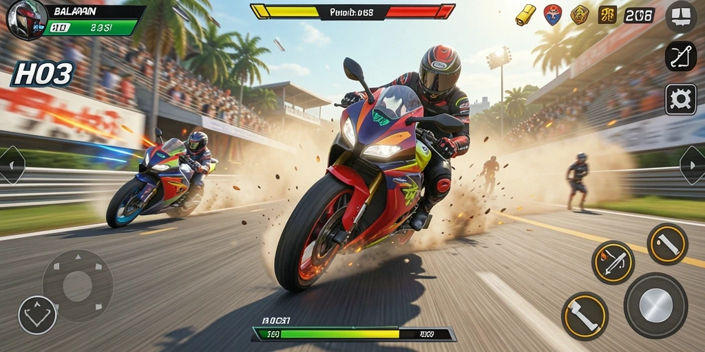 Gameplay H03 yang mendebarkan dengan motor balap yang cepat.