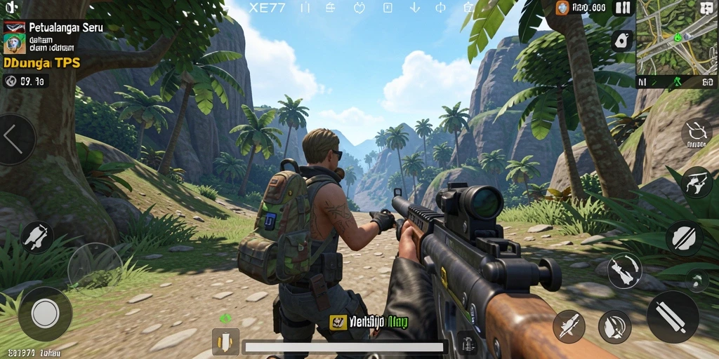 Screenshot gameplay XE77 yang menunjukkan aksi tembak-menembak seru.